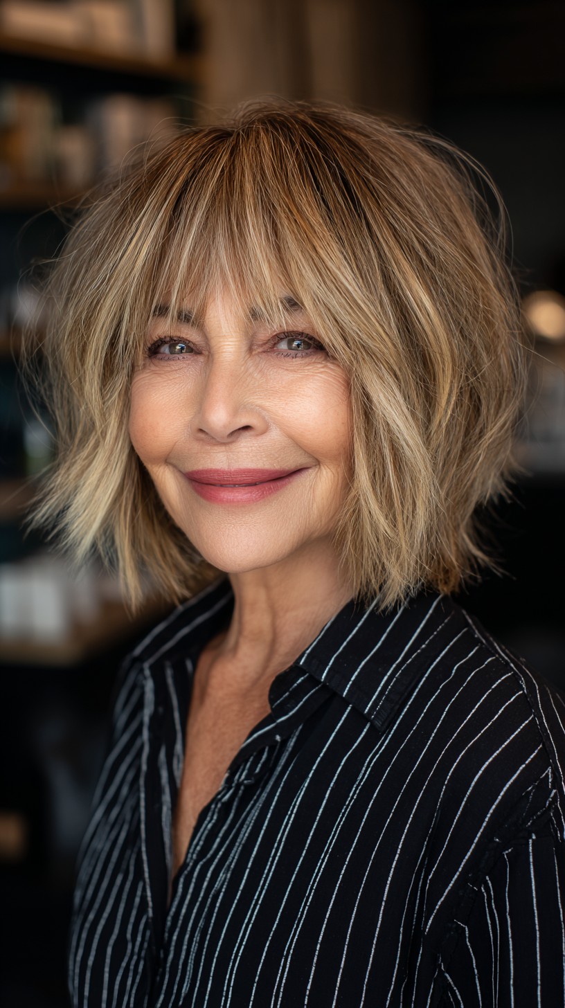 Effortless Golden Tousled Bob with Feathered Fringe