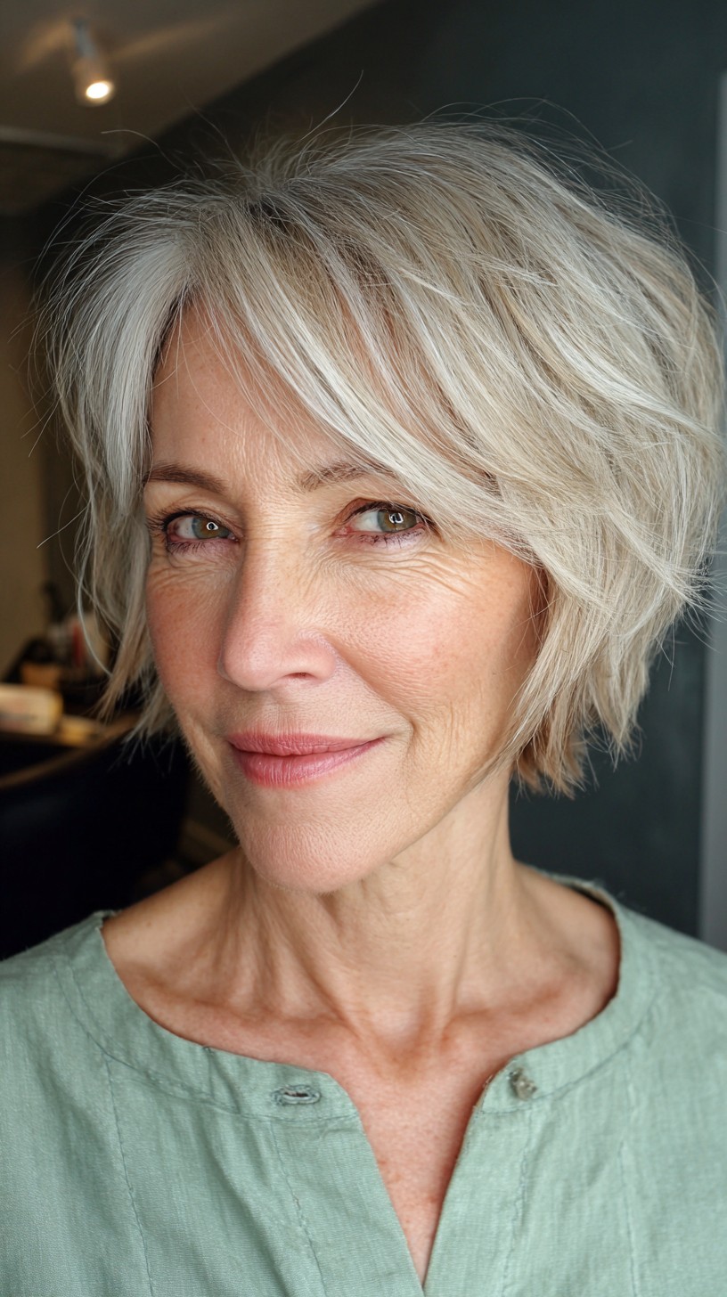 Elegant Ice-Blonde Textured Bob for Mature Fine Hair