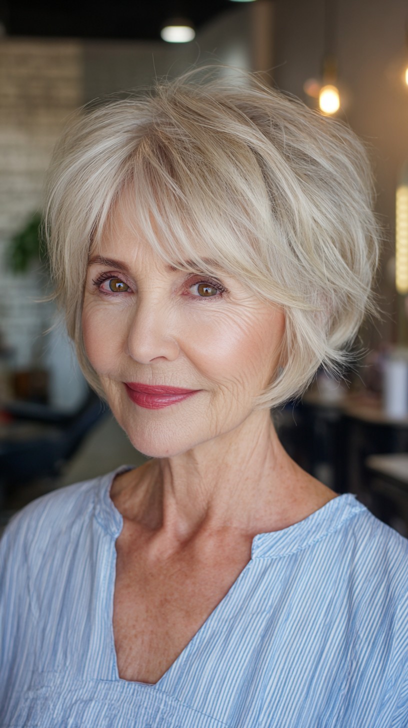 Elegant Platinum Layered Bob with Feathered Fringe