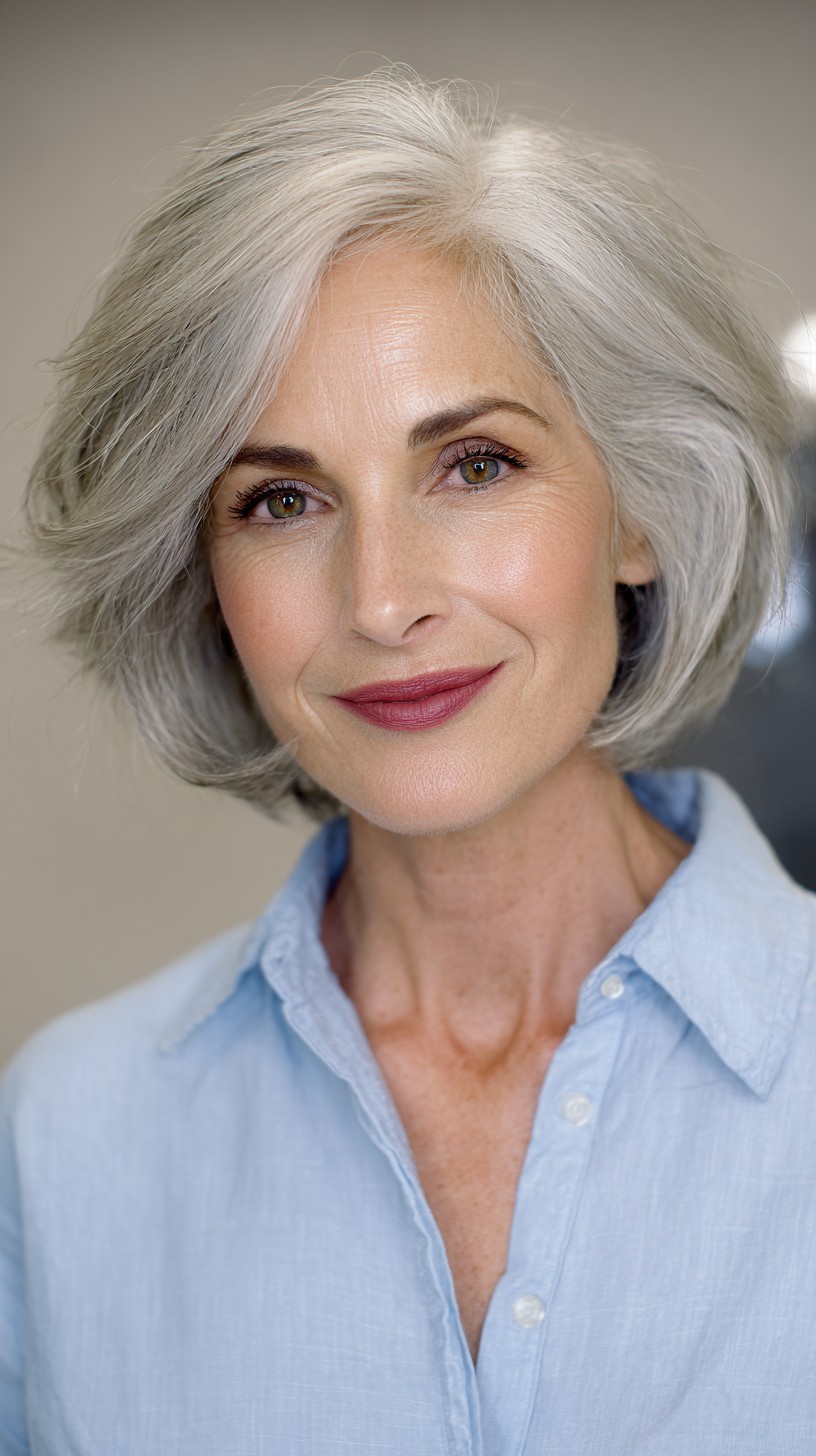 Elegant Silver Feathered Bob with Gentle Waves
