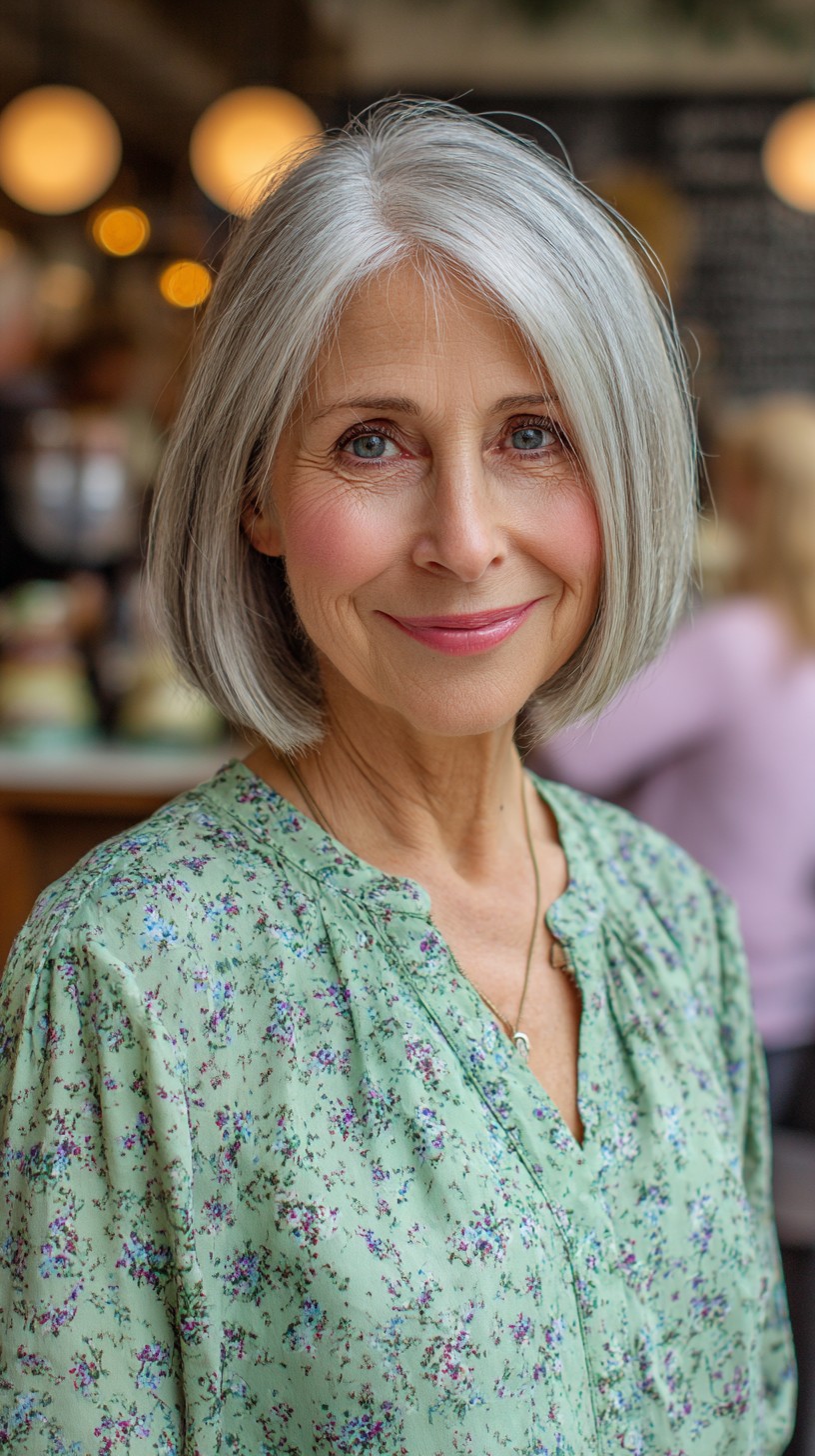 Glossy Silver Straight Bob with Soft Contours