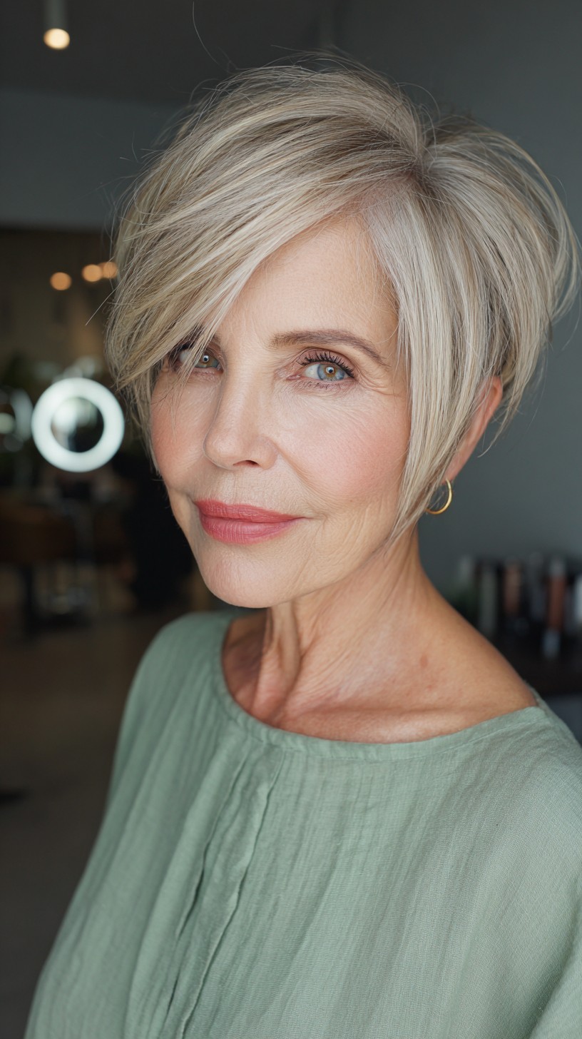 Graceful Silver Asymmetrical Pixie with Side Swept Bangs