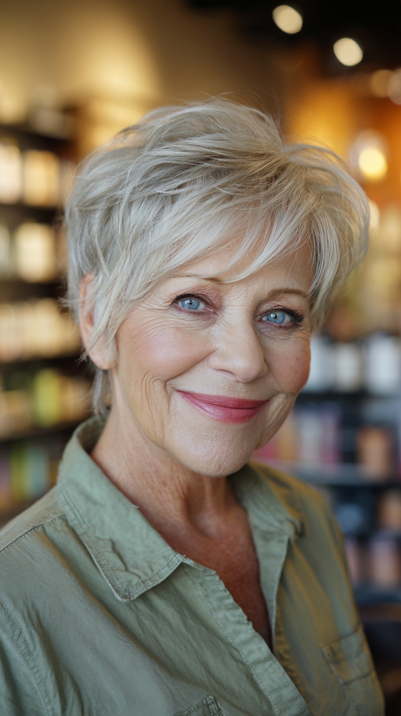 Light Blonde Wispy Layered Pixie for Mature Women