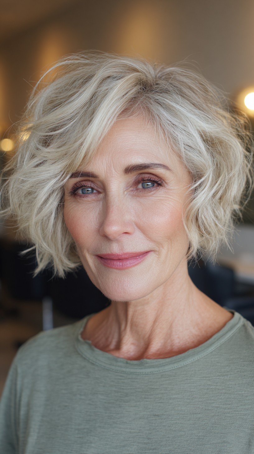 Modern Tousled Platinum Waves with Natural Roots