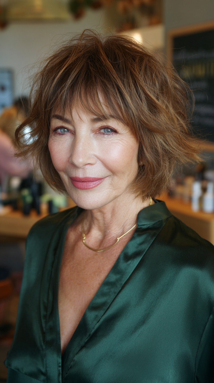 Playful Tousled Chestnut Shag with Natural Highlights