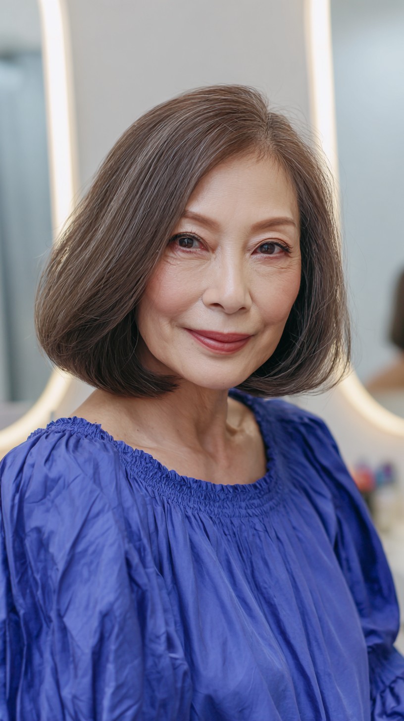 Refined Gray Layered Bob with Soft Fringing