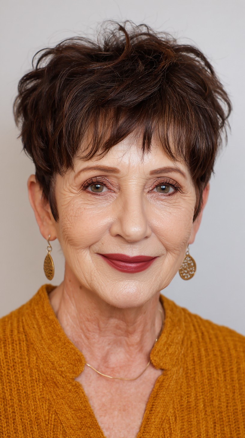 Rich Chestnut Textured Tousle for Low-Maintenance Seniors