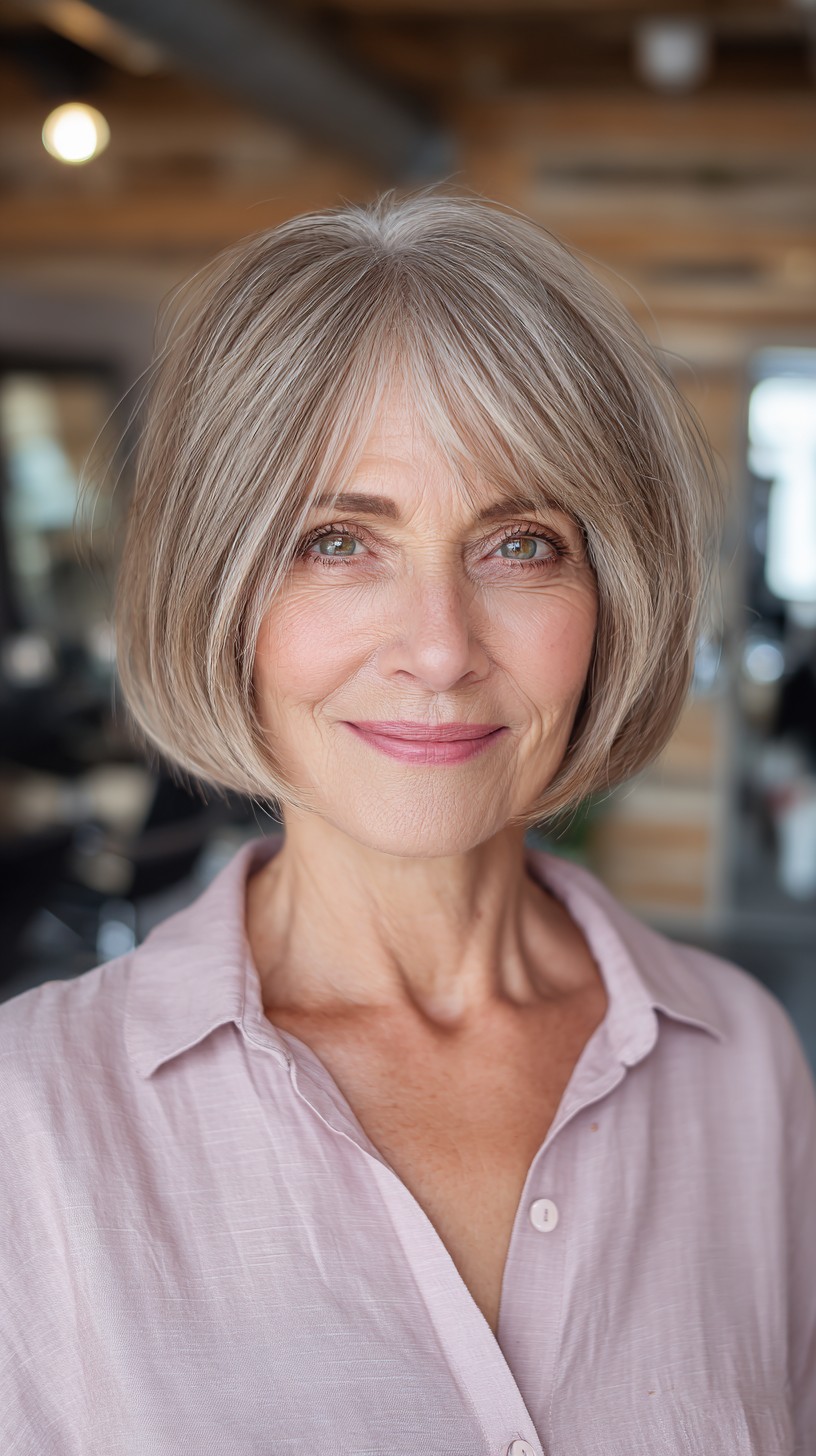Silky Silver Layered Bob for Sophisticated Seniors