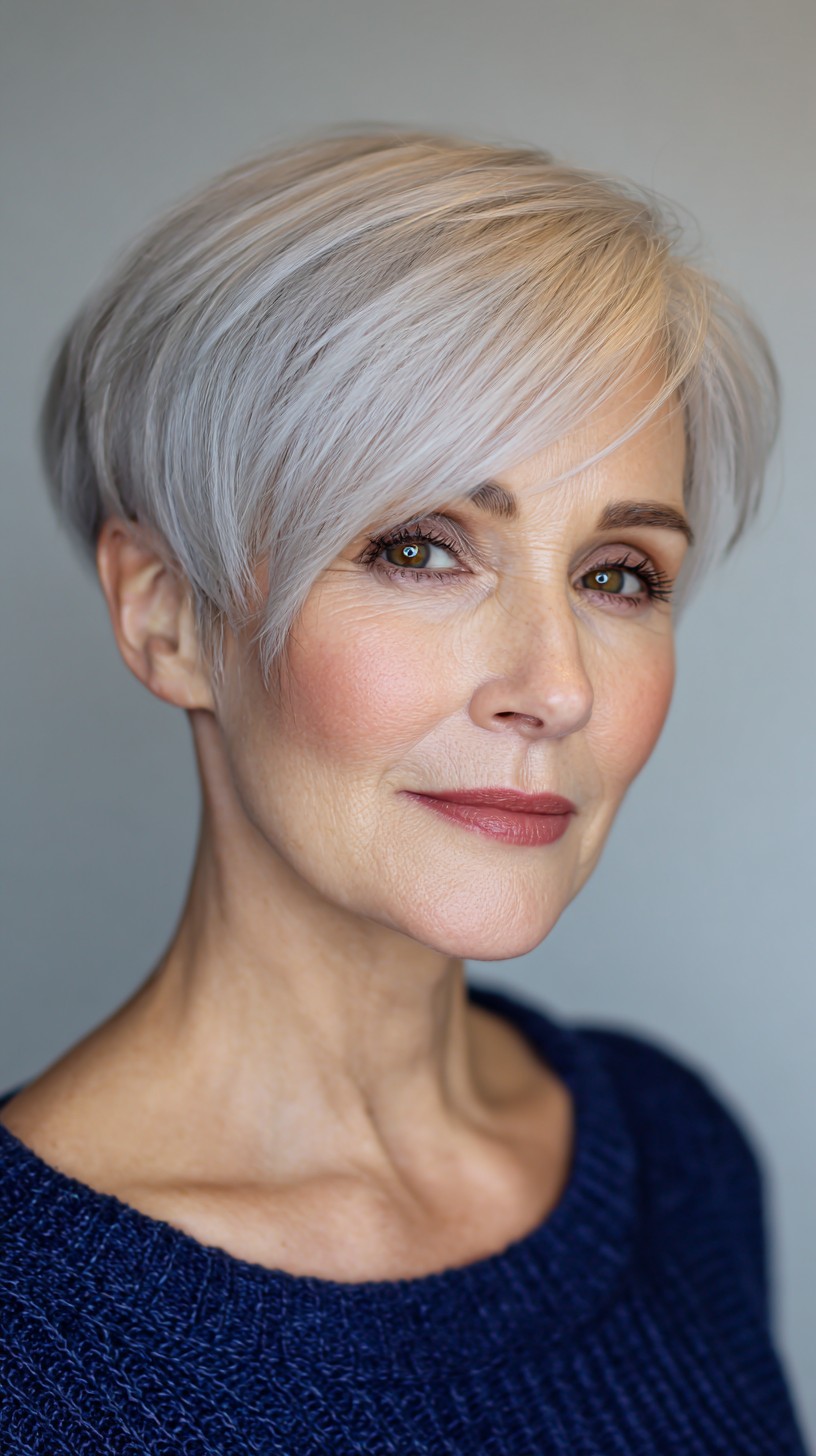 Sleek Silver Asymmetrical Bob for Active Seniors