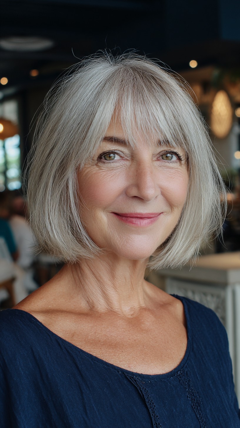 Sleek Silver Bob with Feathered Front Bangs