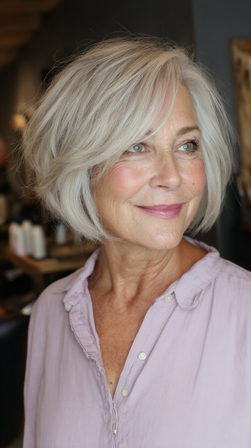 Soft Ash Blonde Textured Bob for Graceful Aging