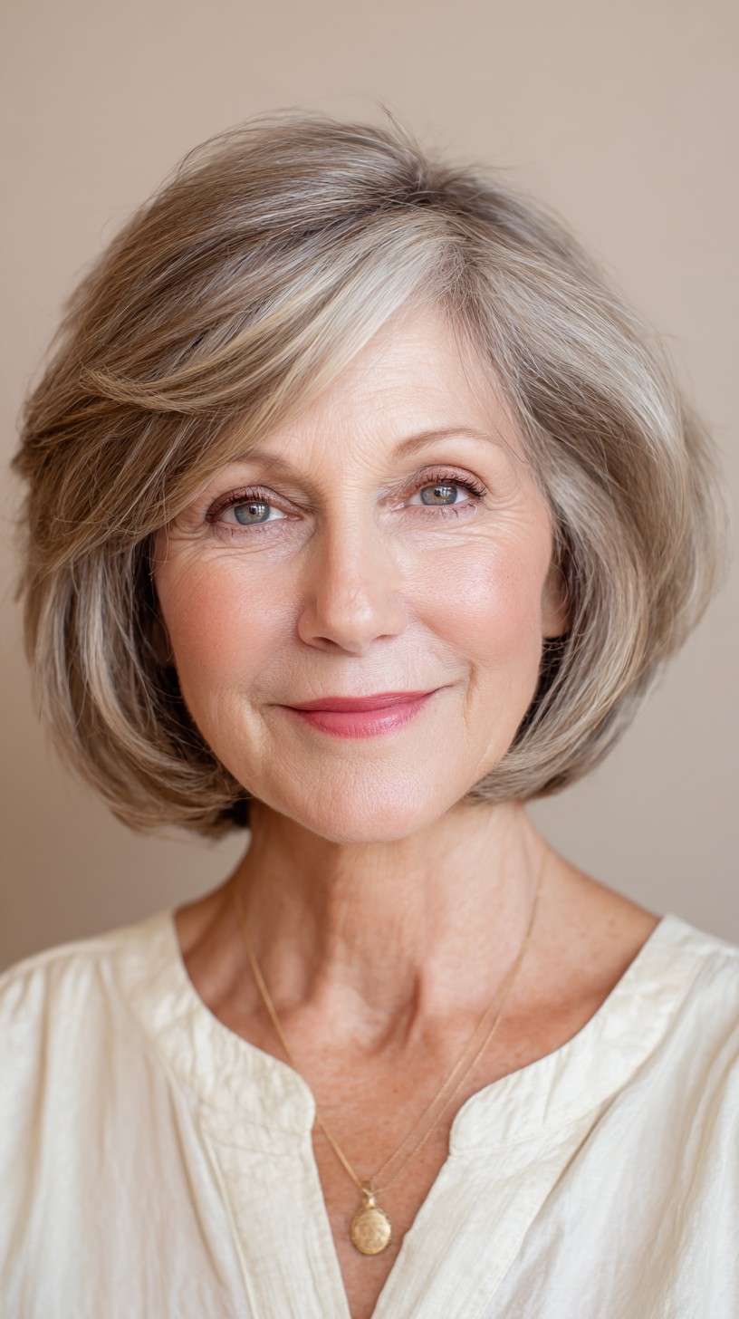 Soft Silver Layered Bob for Mature Women