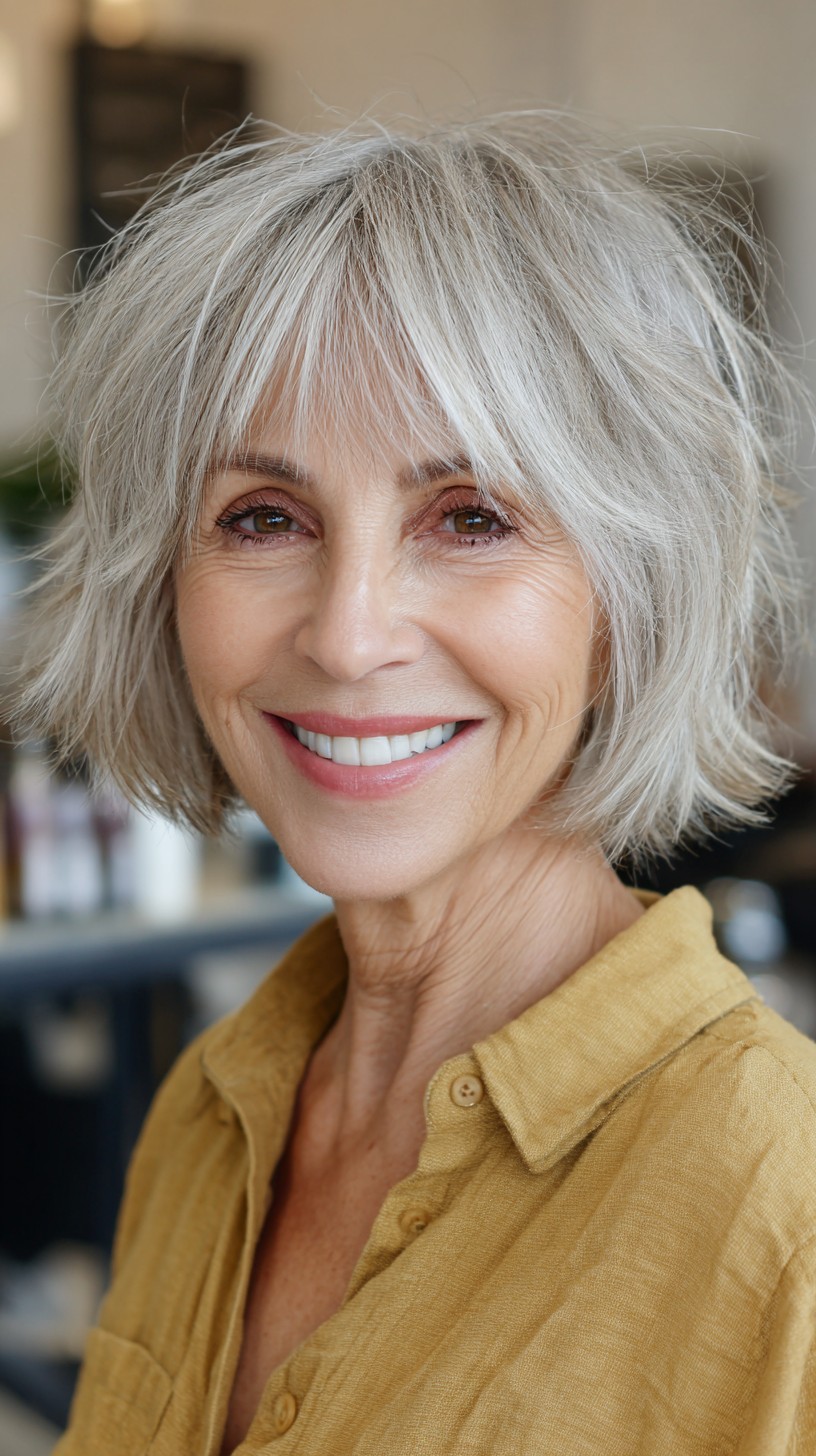 Soft Silver Layered Bob with Curtain Bangs