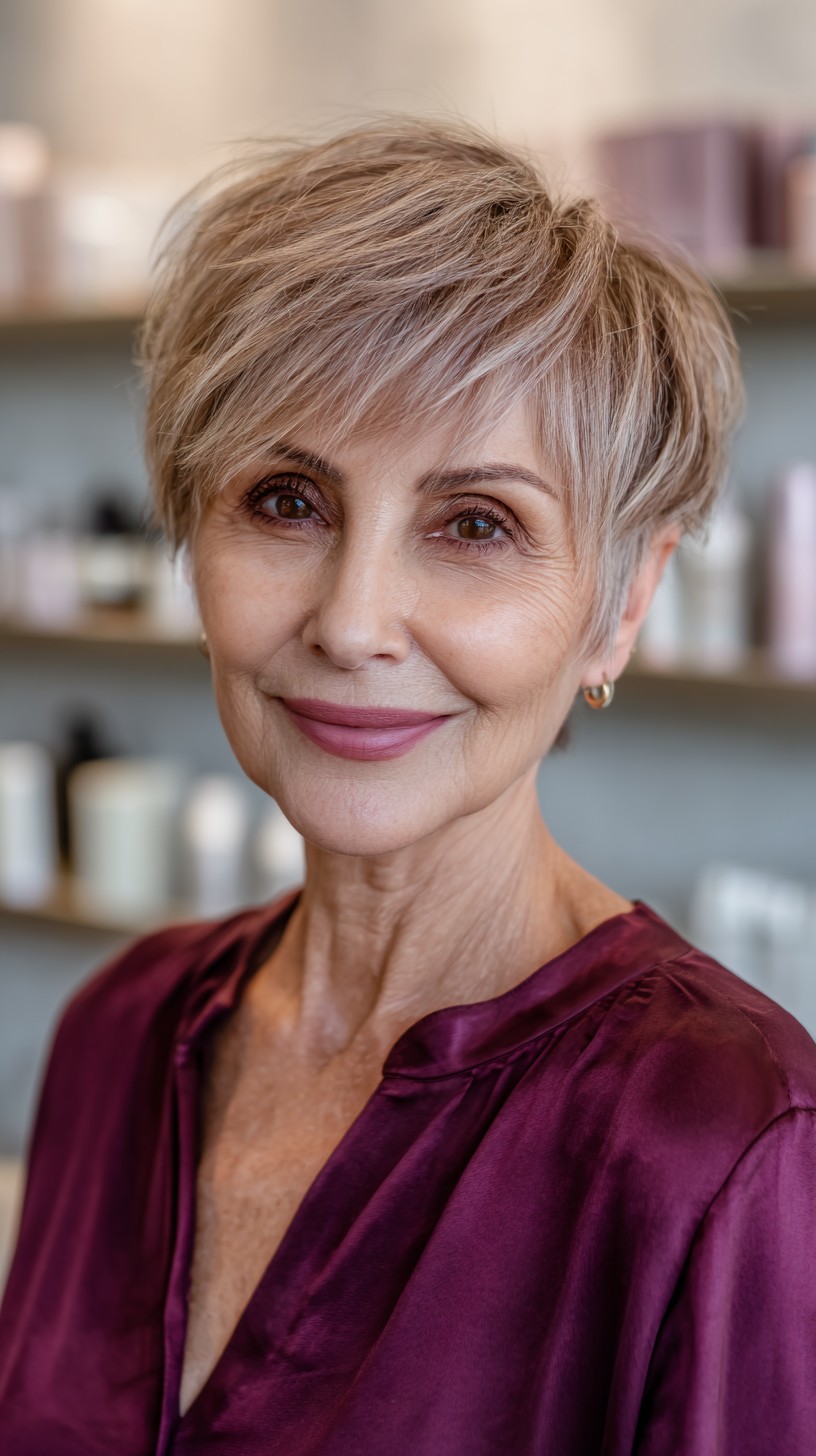 Soft Taupe Feathered Pixie with Subtle Highlights