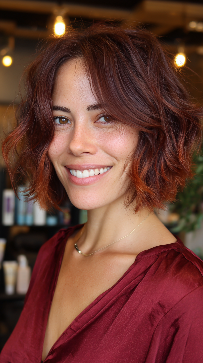 Textured Frayed Bob with Rich Copper Highlights