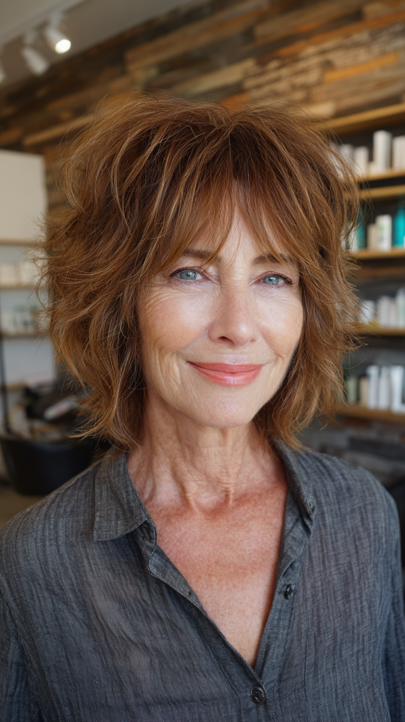 Textured Shaggy Bob with Face-Framing Bangs