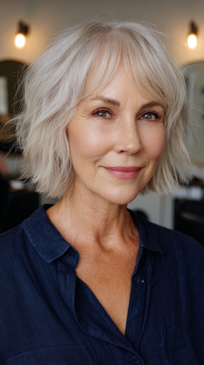 Textured Silver Layered Bob for Thinning Hair