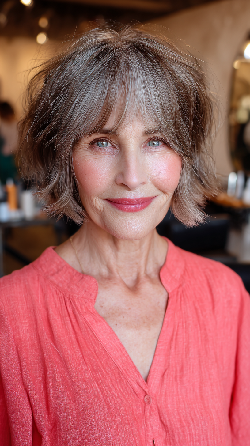 Textured Silver Shaggy Bob with Soft Bangs