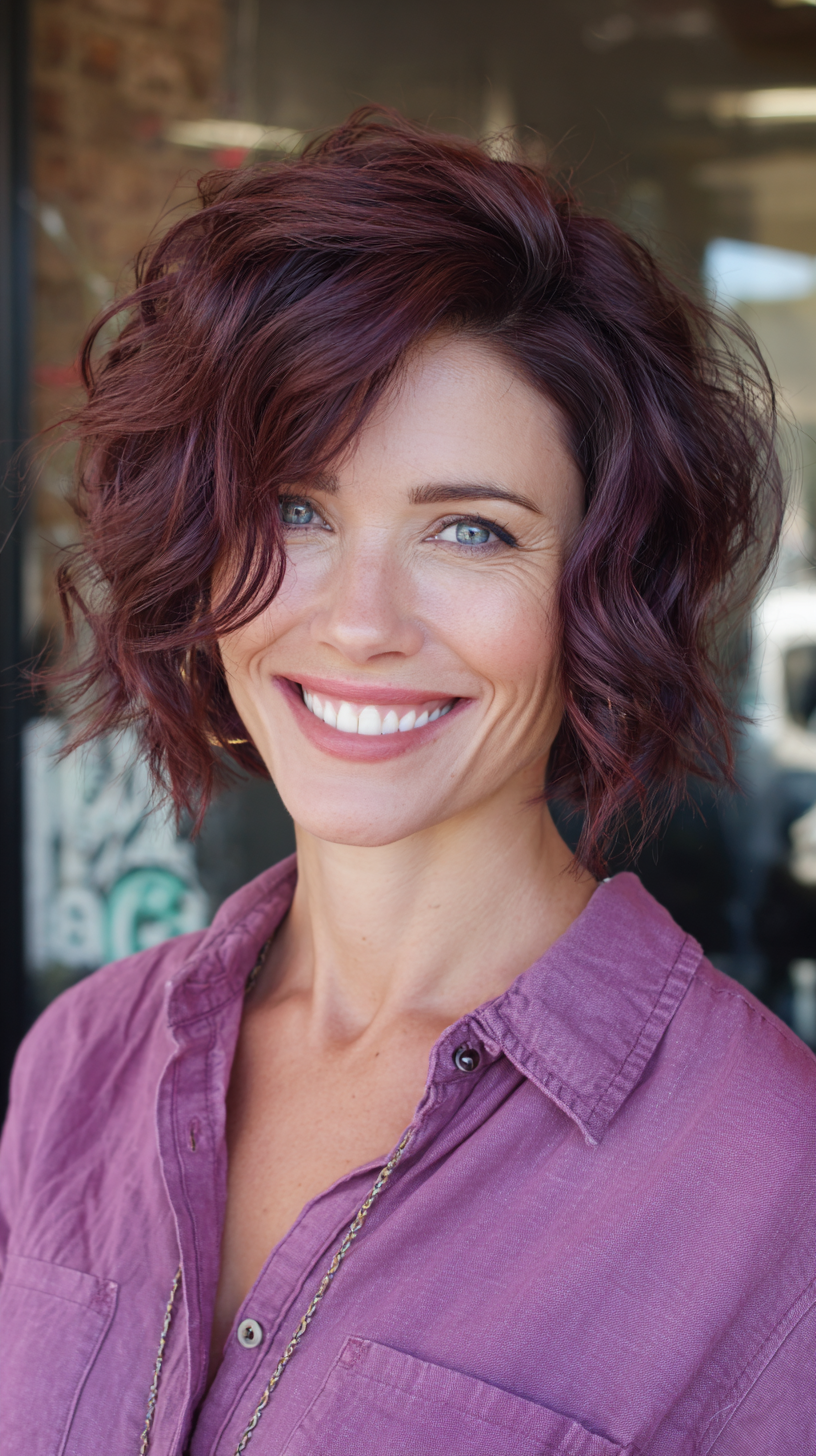 Vibrant Curly Bob with Rich Burgundy Depth