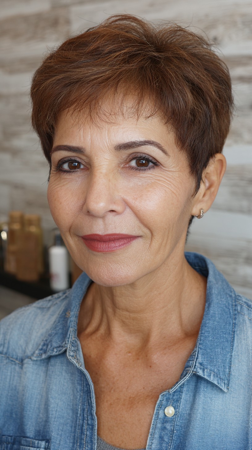 Warm Auburn Textured Pixie for Seniors