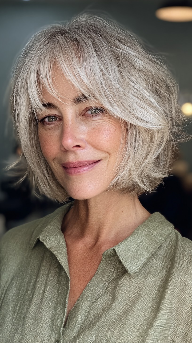 Whimsical Silver Textured Lob with Feathered Fringe