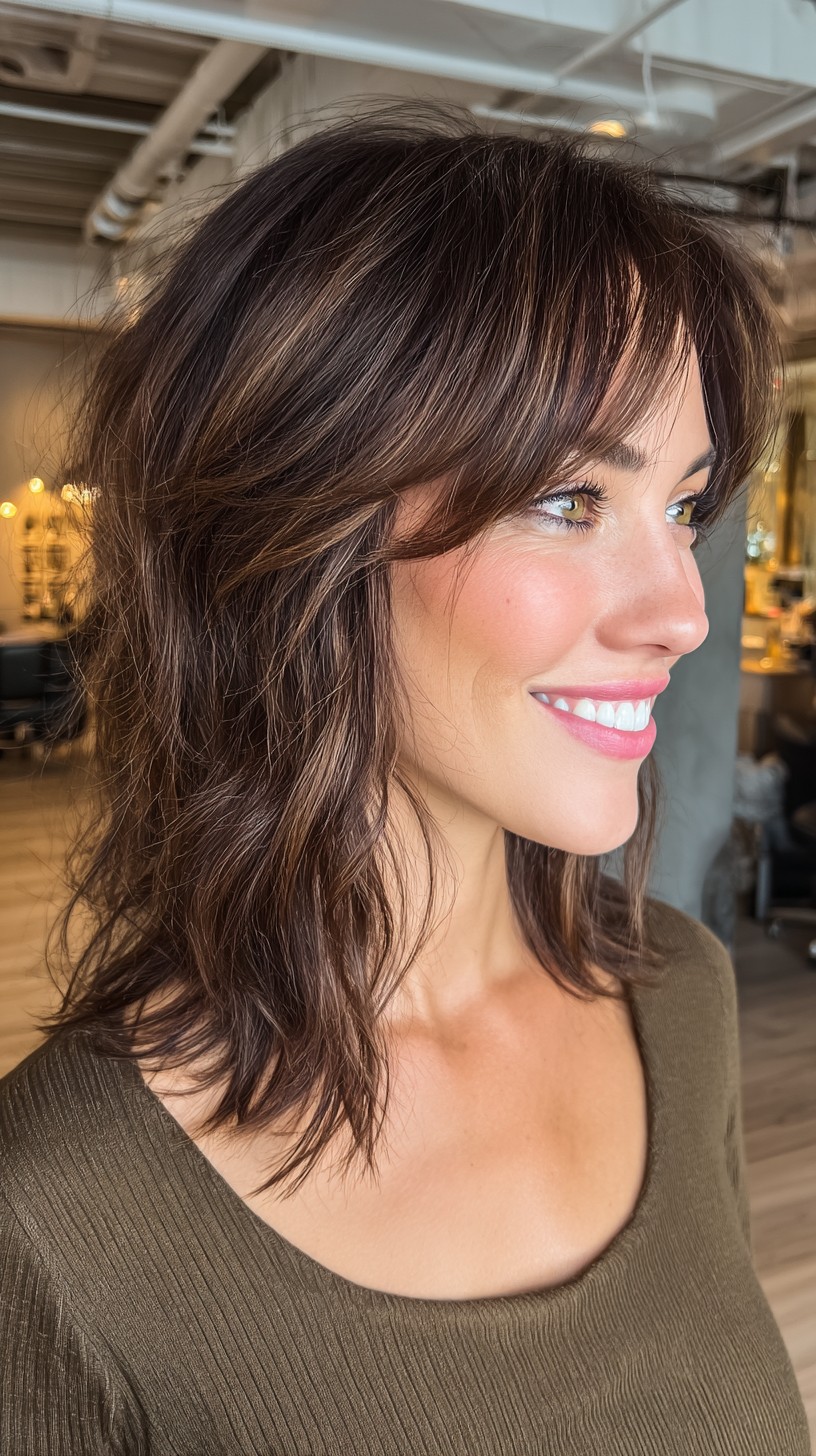 Brunette Textured Layers with Soft Fringe
