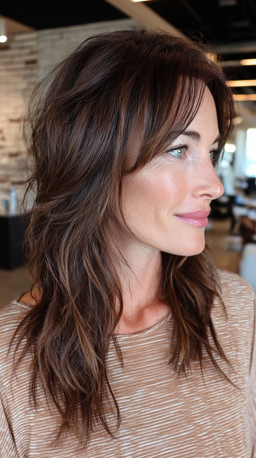 Brunette Tousled Wolf Cut with Subtle Highlights