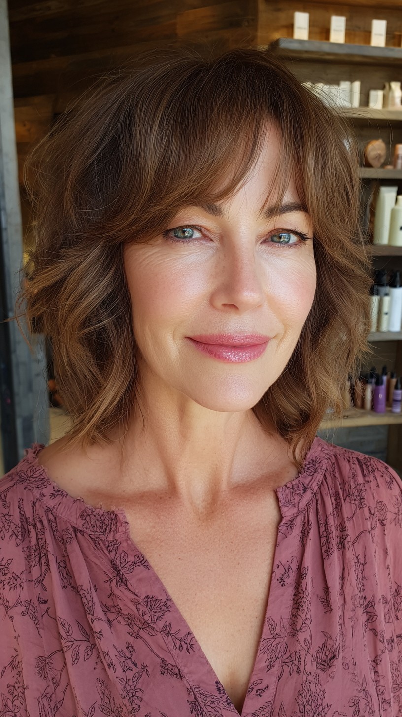 Brunette Waves with Soft Fringe and Tousled Layers