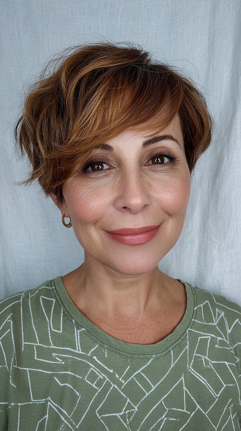 Charming Auburn Tousled Pixie with Dimensional Highlights