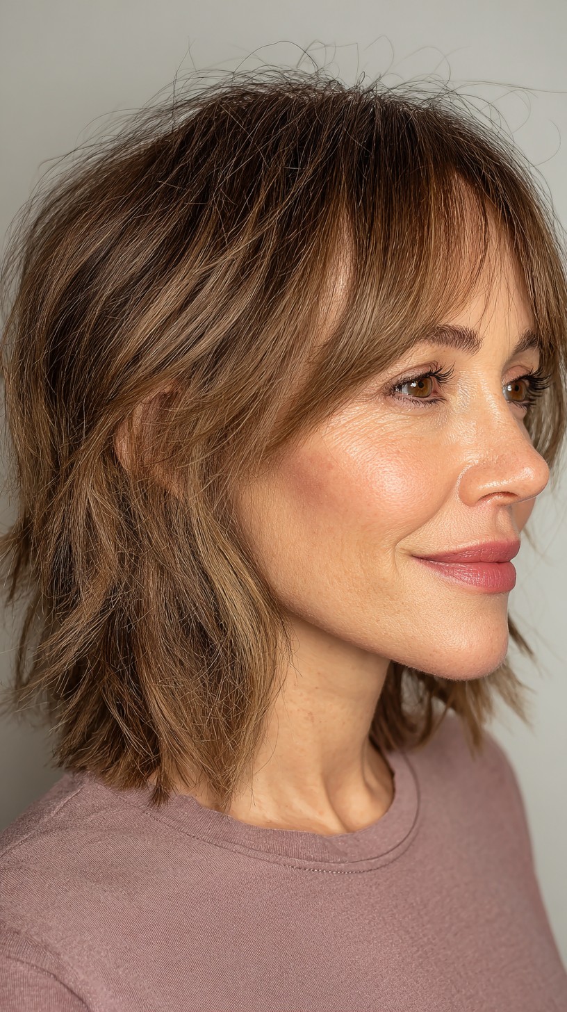 Charming Tawny Textured Bob with Feathered Bangs