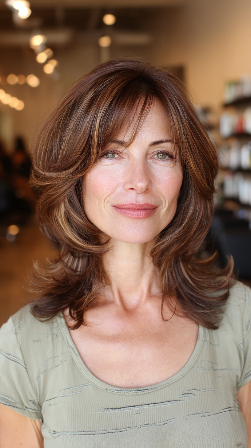 Chestnut-Brown Layered Bob with Natural Highlights