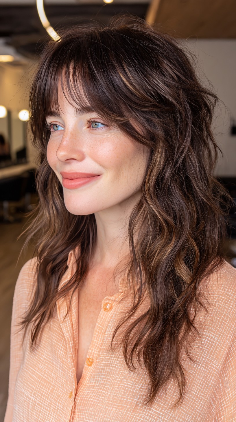 Chic Chestnut Waves with Subtle Fringe