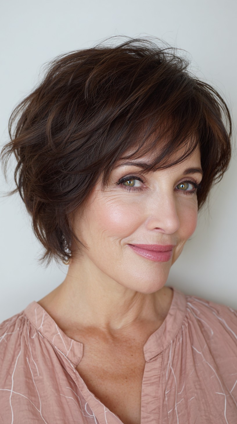 Dynamic Espresso Tousled Pixie with Subtle Highlights