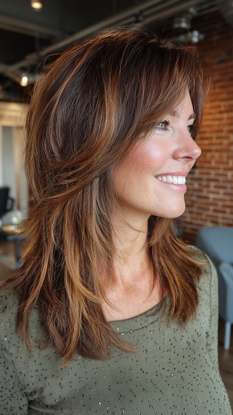 Layered Chestnut Cascade with Sunkissed Highlights