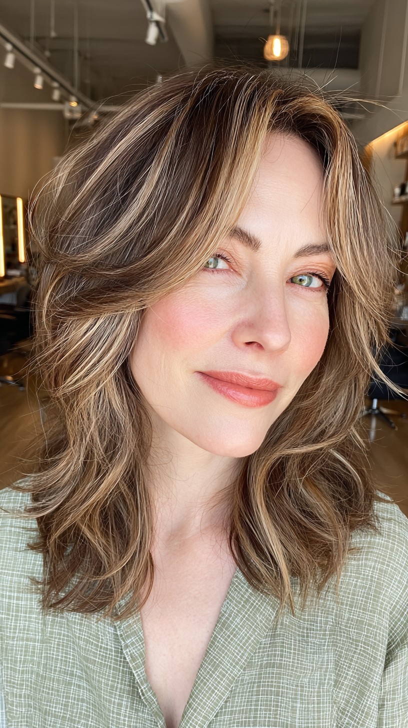 Luxurious Medium-Length Tawny Waves with Luminous Blended Highlights