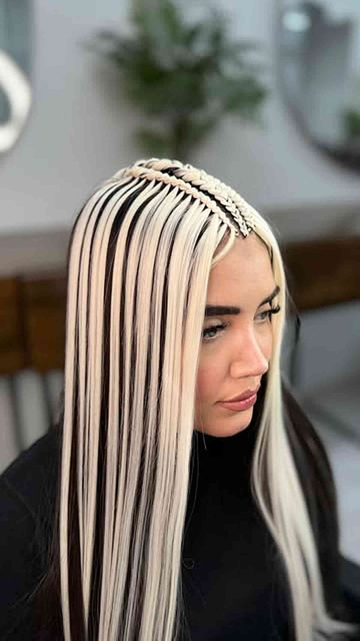 Platinum Blonde Braided Center Part Hairstyle