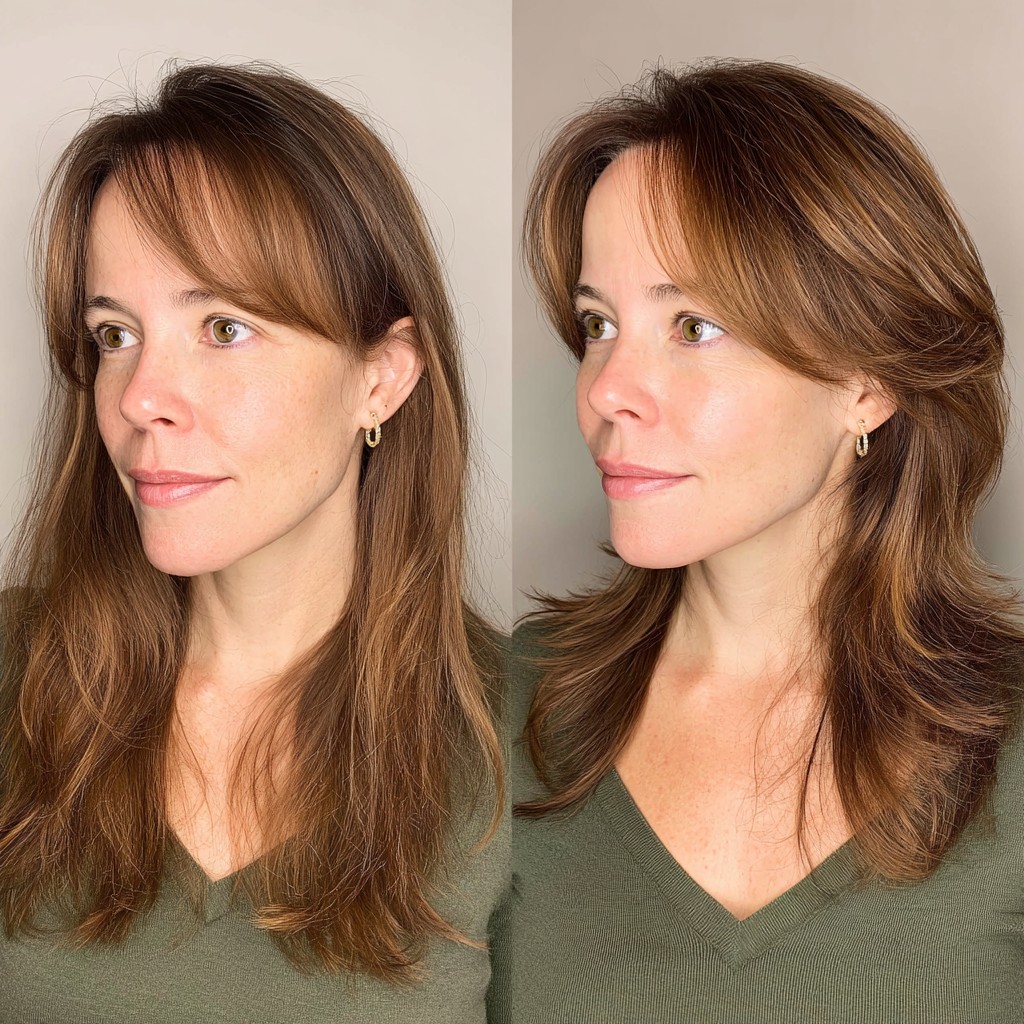 Refined Chestnut Feathered Layers for Mature Elegance