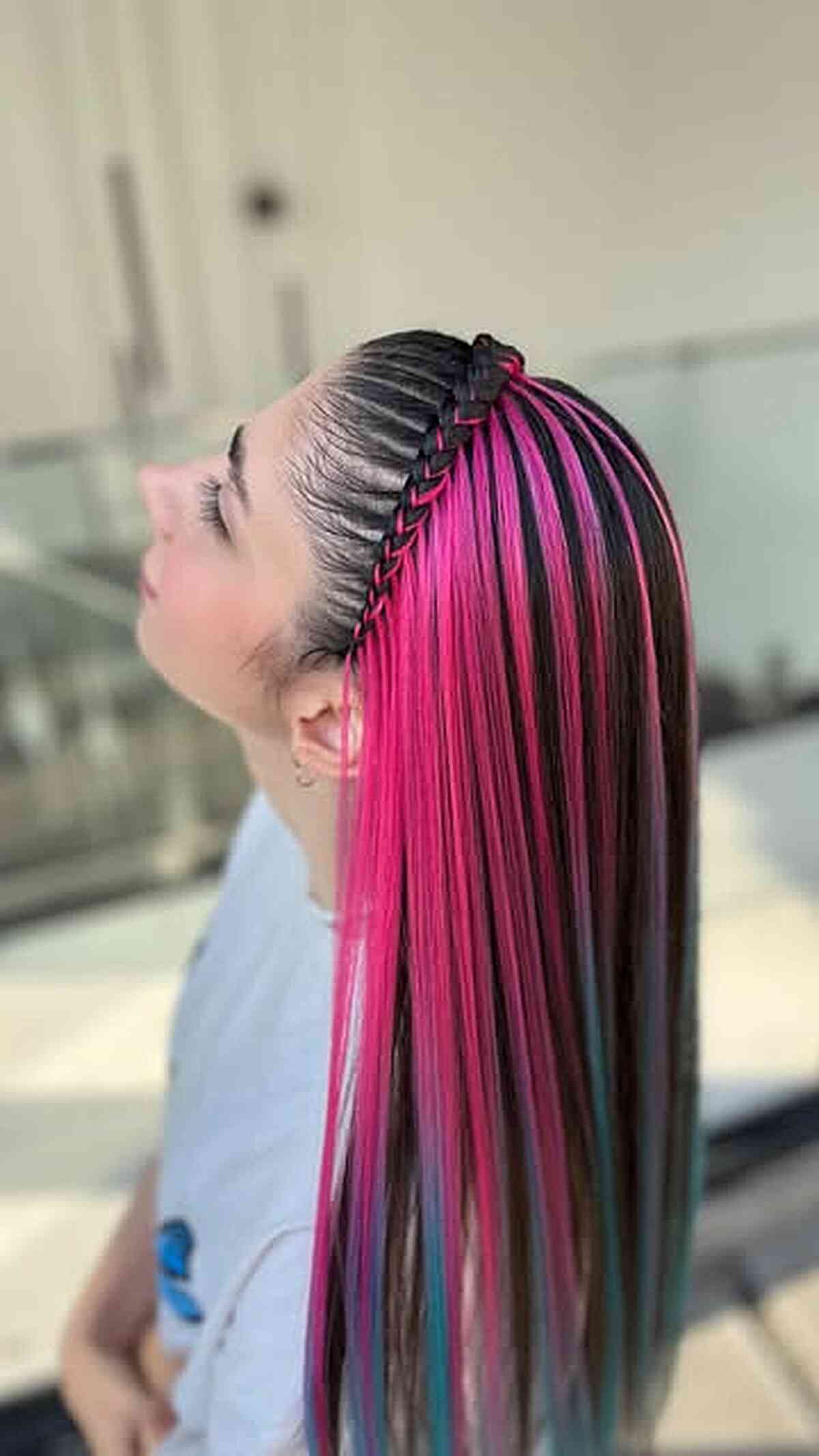 Sleek Braided Crown with Pink Panel Highlights