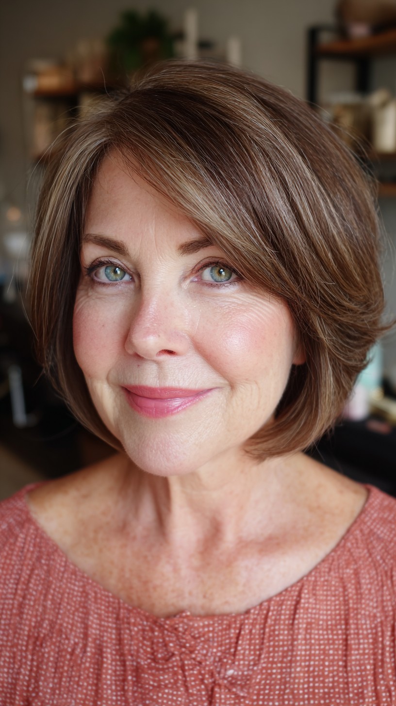 Sleek Chestnut Bob with Soft Volume for Mature Women