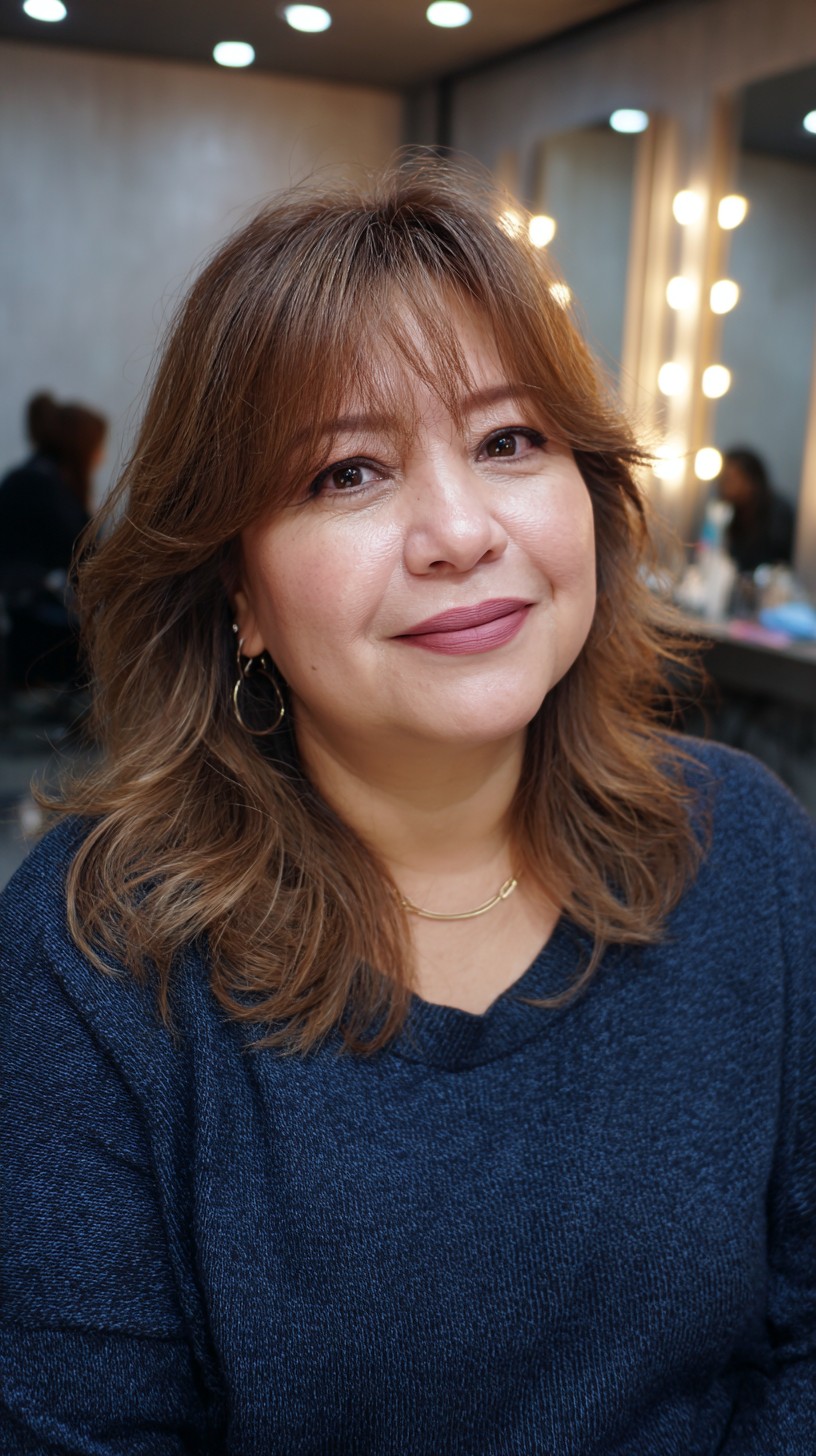 Soft Caramel Balayage on Layered Waves