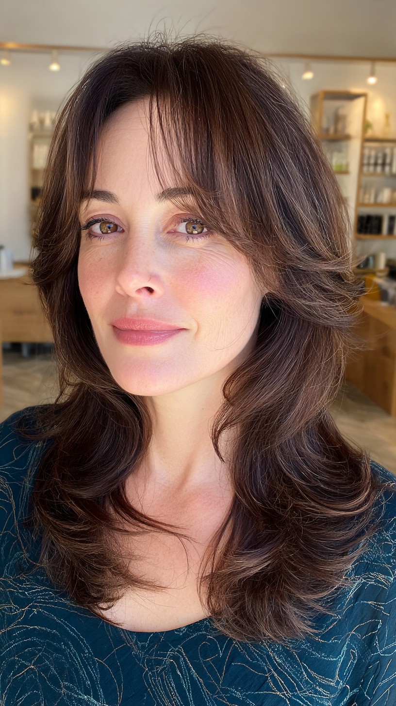 Soft Chocolate Waves with Layered Ends for Mature Hair