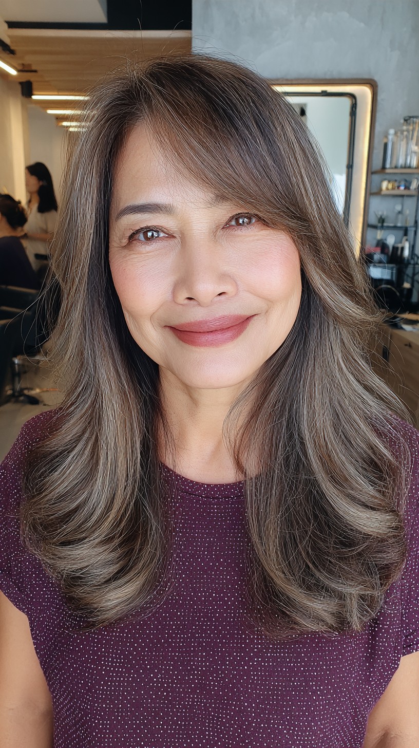 Soft Natural Grey Layers with Sweeping Fringe