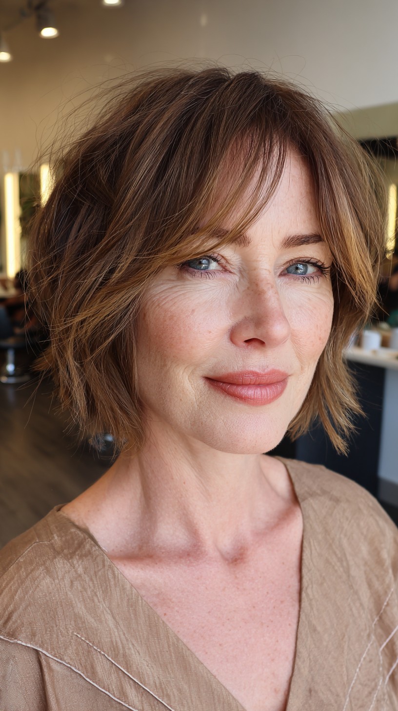 Textured Mocha Tousled Bob with Wispy Bangs