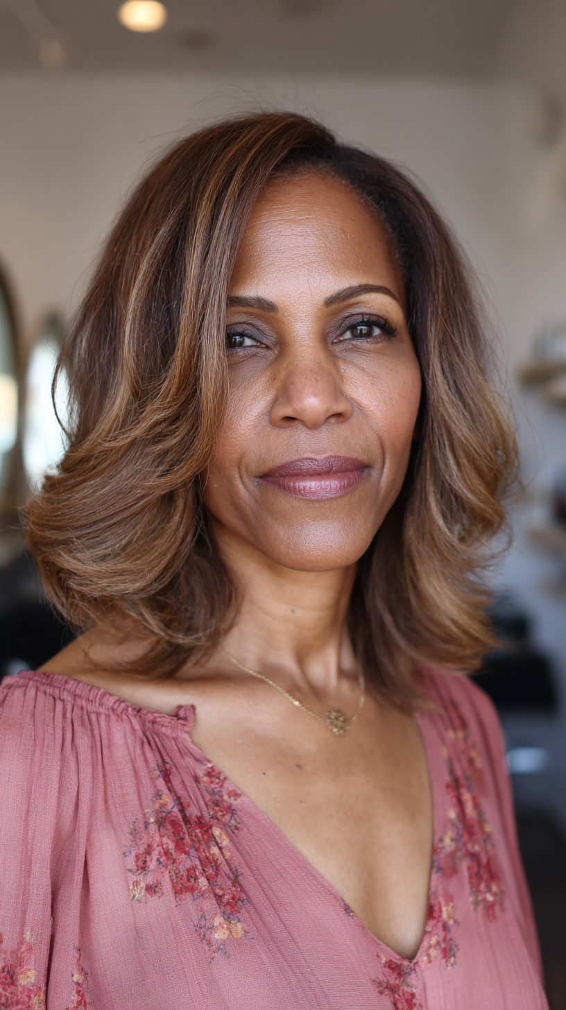 Warm Caramel Mid-Length Waves with Face-Framing Highlights