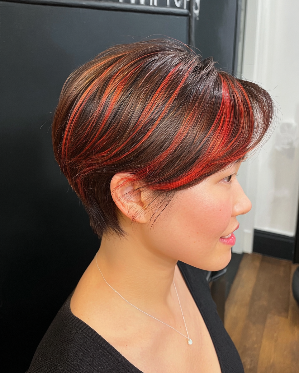 Bold Textured Pixie Cut with Fiery Red Highlights