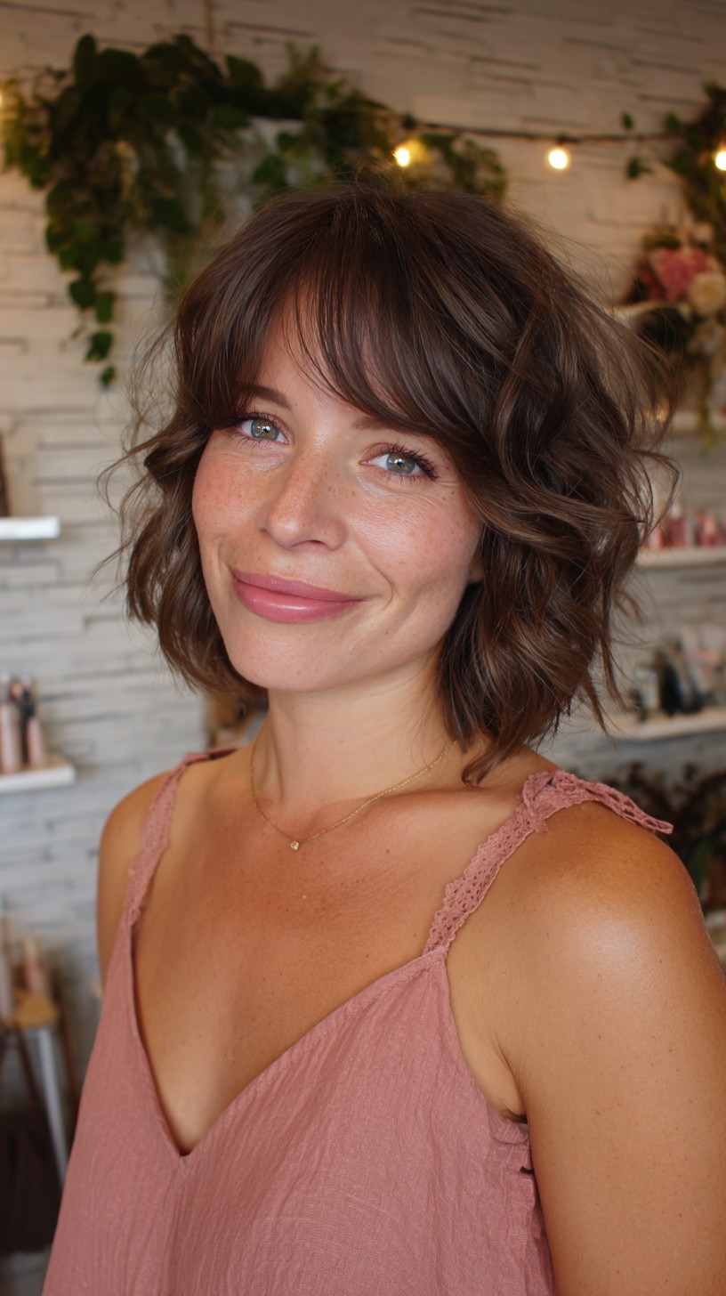 Effortless Brunette Waves with Side-Swept Bangs