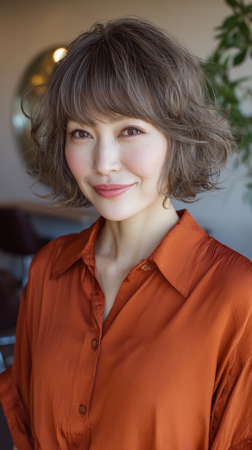 Effortless Grey Wavy Bob with Soft Bangs