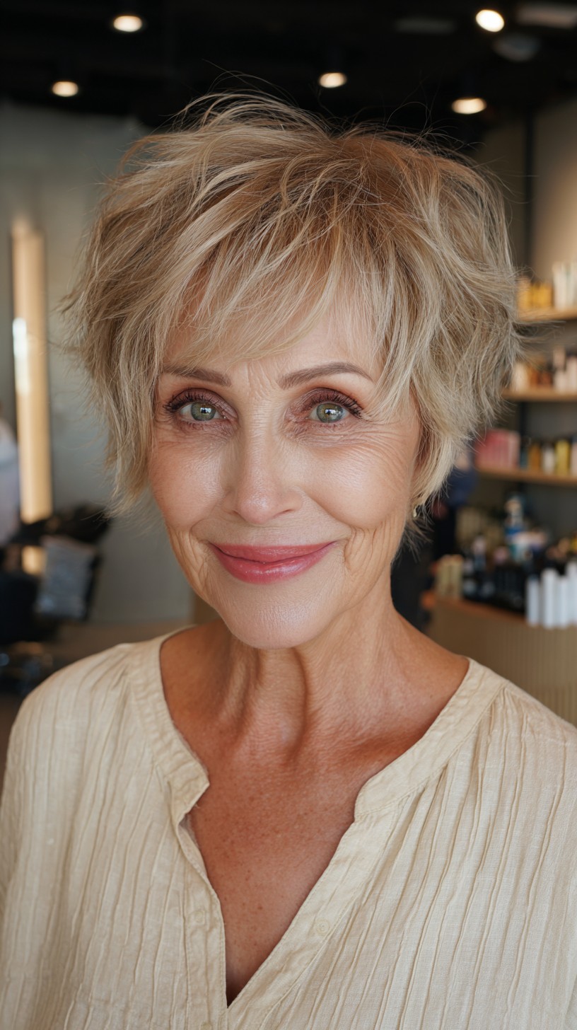 Feathered Golden Blonde Pixie for Women Over 60