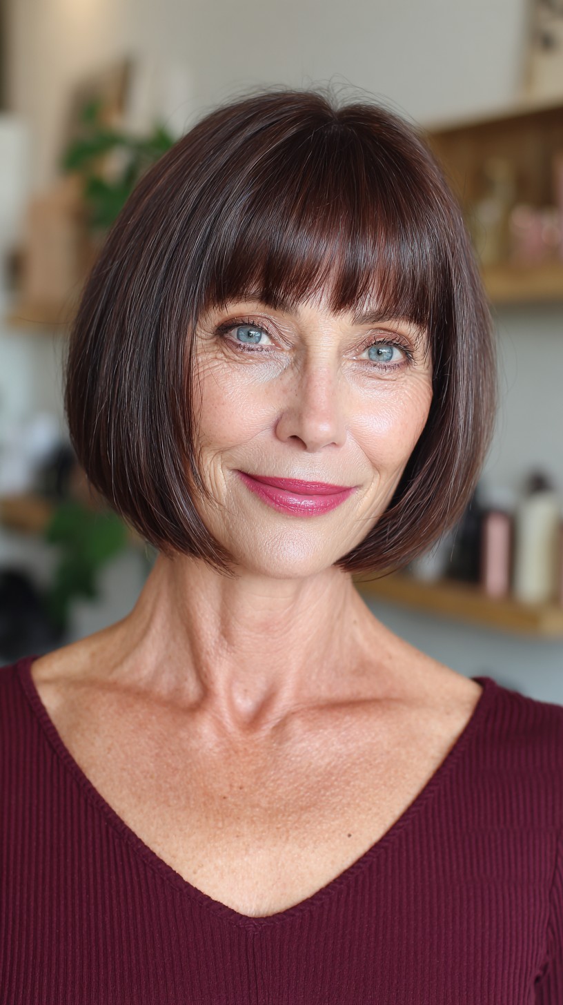 Glossy Chestnut Bob with Full Fringe