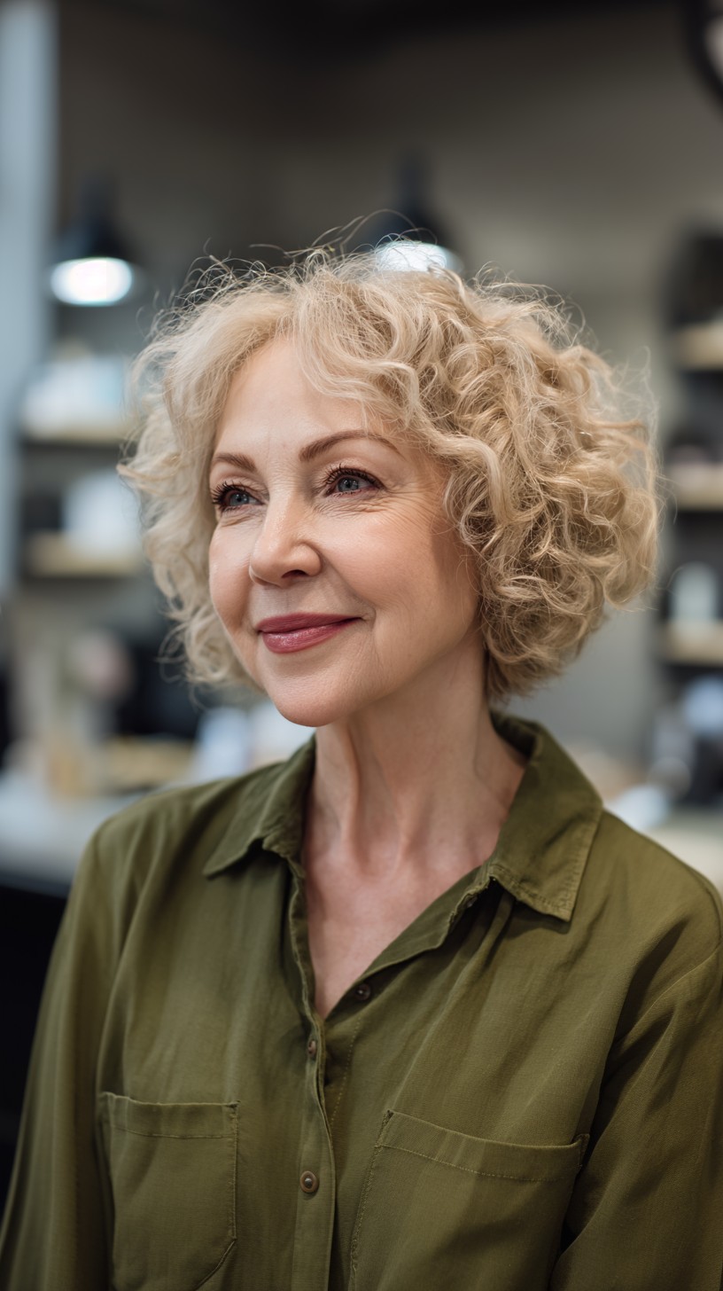 Golden Blonde Curly Bob with Textured Volume